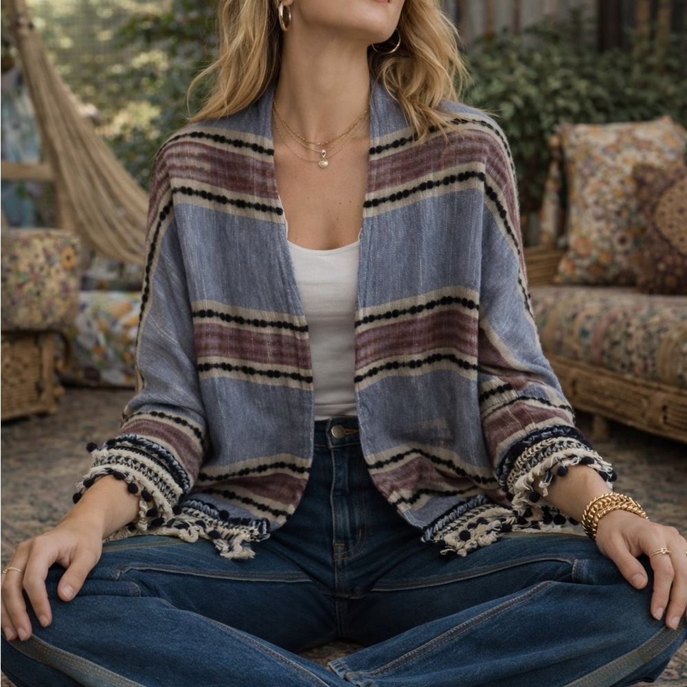 Zara Woman Oversized Cardigan Ethnic Stripe Tassel Kimono Cardigan Size Small